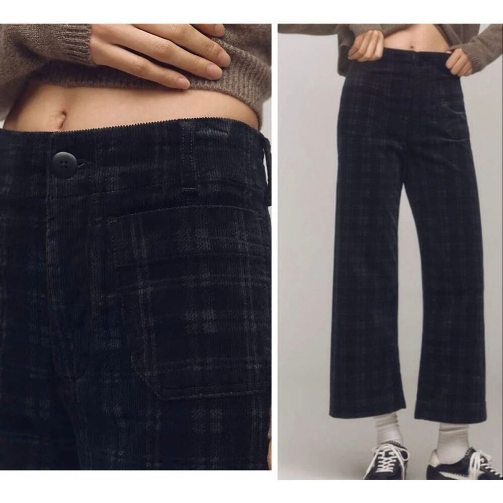 Maeve The Colette Cropped Wide-Leg Pants Plaid Corduroy Edition Black Size 27P - Picture 10 of 10